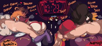 2boys 2girls afterimage ashley_(warioware) ass black_hair captain_kirb clock closed_eyes clothed_female_nude_male crossover deepthroat digital_clock dress english_text fellatio gloves head_out_of_frame heart hetero highres lying motion_blur multiple_boys multiple_girls nintendo nude on_back oral orange_hair panties peacock_(skullgirls) profile purple_footwear red_dress red_footwear red_panties ress saliva short_hair sidelocks skullgirls sound_effects speech_bubble sweat twintails underwear warioware white_gloves witch