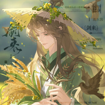 1boy absurdres bird blurry blurry_background brown_bird brown_hair chinese_clothes day eyelashes flower green_eyes green_hanfu hair_ornament hair_stick hanfu hat highres holding liushui_jiang long_hair looking_at_object male_focus original outdoors parted_bangs rice_(plant) solo square sunlight upper_body watermark yellow_flower