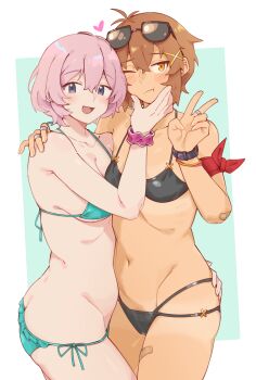 2girls absurdres armband bandaid bandaid_on_arm bandaid_on_leg bandaid_on_thigh belly bikini black_bikini blue_bikini blush brown_eyes brown_hair butt_crack commentary_request eyewear_on_head fukana_miyu_(kokuya28) hand_on_another's_cheek hand_on_another's_face hand_on_another's_hip hand_on_another's_shoulder heart highres jewelry kokuya_(kokuya28) looking_at_viewer multiple_girls multiple_rings navel one_eye_closed original pink_hair pubic_hair pubic_hair_peek ring saeunn_altair_blathnaid_(eules) short_hair simple_background squeezing_cheeks stomach sunglasses swimsuit tan tanline v watch wristband wristwatch