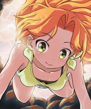 1girl :t air_bubble bare_arms bare_legs bare_shoulders breasts bubble collarbone commentary from_below green_eyes highres holding_breath long_hair looking_at_viewer orange_hair ruri_no_houseki small_breasts smile solo tanigawa_ruri underwater xiaomei92835