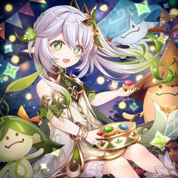 1girl :d ankoro aranara_(genshin_impact) bare_shoulders bloomers blush bracelet commentary_request detached_sleeves dress feet_out_of_frame food gem genshin_impact gold_trim gradient_hair green_eyes green_gem green_hair green_sleeves hair_between_eyes hair_ornament hand_up highres holding holding_food jewelry leaf_hair_ornament long_hair multicolored_hair nahida_(genshin_impact) open_mouth pointy_ears side_ponytail sitting sleeveless sleeveless_dress smile solo star-shaped_pupils star_(symbol) symbol-shaped_pupils underwear white_bloomers white_dress white_hair