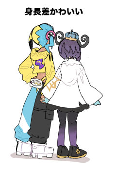 2girls aqua_hair bad_id bad_pixiv_id black_pants black_pantyhose black_shoes blonde_hair blue_gloves blue_pants canari_(pokemon) coat cropped_jacket dark-skinned_female dark_skin from_behind full_body gloves gradient_pantyhose gwynn_(pokemon) han0579 hat highres holding_hands jacket long_sleeves multicolored_hair multiple_girls nintendo pants pantyhose partially_fingerless_gloves pokemon pokemon_legends:_z-a purple_hair purple_pantyhose shoes short_hair split-color_hair standing two-tone_hair two-tone_pants white_coat white_shoes yellow_jacket yuri