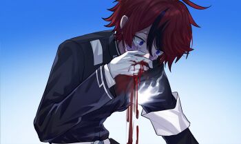 1boy armband belt black_hair black_jacket blood blue_eyes chinese_commentary commentary_request constricted_pupils covering_own_mouth crying crying_with_eyes_open gloves gradient_background hair_between_eyes hand_over_own_mouth highres jacket kualie_xiaozhao last_defense_academy_school_uniform long_sleeves male_focus multicolored_hair red_hair school_uniform short_hair solo spoilers streaked_hair sumino_takumi tears the_hundred_line_-last_defense_academy- two-tone_hair upper_body vomiting_blood white_armband white_belt white_gloves