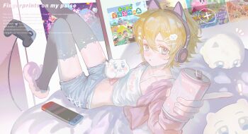 ! 1boy alternate_costume animal_crossing animal_crossing:_new_horizons animal_ear_headphones animal_ear_legwear animal_ears aotu_world bed_sheet black_thighhighs blonde_hair blue_eyes blue_shorts blush camisole can cat_ear_headphones cat_ear_legwear cat_ears cellphone chinese_commentary controller crop_top crossdressing crossdressing_(mtf) cup denim denim_shorts drink_can english_text fake_animal_ears game_controller grey_shorts hair_between_eyes hair_ornament hairclip headphones highres holding holding_can indoors jacket king_(aotu_world) kirby kirby_(series) kirby_and_the_forgotten_land knees_up leg_up looking_at_viewer lying midriff navel nintendo nintendo_switch notice_lines on_back on_bed open_clothes open_jacket parted_lips phone pillow pink_jacket pink_slippers plutoray poster_(object) shirt short_hair short_shorts shorts slippers smartphone soda_can solo speaker speech_bubble stuffed_animal stuffed_toy thighhighs trap white_camisole white_shirt zettai_ryouiki