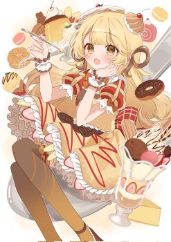 1girl banana banana_slice blonde_hair blush bow bowtie brown_hair brown_socks brown_thighhighs cherry commentary corrupted_twitter_file donut dress feet_out_of_frame food food-themed_clothes fruit hair_rings highres holding holding_spoon ice_cream kannagi_(kannagi_ilust) long_hair macaron multicolored_hair open_mouth orange_bow orange_bowtie original pancake pancake_stack parfait petticoat pudding puffy_short_sleeves puffy_sleeves red_bow short_sleeves socks solo spoon strawberry strawberry_parfait strawberry_slice symbol-only_commentary tareme thighhighs two-tone_hair wrist_cuffs yellow_dress