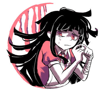 1girl apron bandaged_arm bandaged_hand bandages blush chocolatechipcakes collared_shirt commentary cropped_torso cross-shaped_pupils crying crying_with_eyes_open danganronpa_(series) danganronpa_2:_goodbye_despair english_commentary index_fingers_together long_hair monochrome shirt solo symbol-shaped_pupils tears tsumiki_mikan white_background