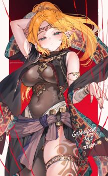 1girl arm_behind_head armlet black_leotard black_nails black_scarf blonde_hair blue_eyes bracelet breast_curtains breasts circlet commentary_request covered_navel earrings expressionless highres jewelry large_breasts leotard looking_at_viewer nintendo pointy_ears ponytail princess_zelda puppet_strings red_background scarf shuri_(84k) sleeveless solo the_legend_of_zelda thighlet two-tone_background