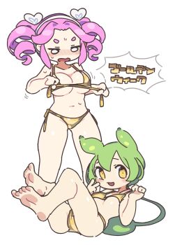 Rule 34 | 2girls, animal ears, bikini, blush, breasts, drill hair, full body, furrowed brow, gold bikini, golden week, green hair, hair ornament, hairband, hands up, heart, heart hair ornament, highres, large breasts, legs up, long hair, looking at viewer, low ponytail, lying, multiple girls, navel, o o, on back, open mouth, pink hair, ponytail, sakamoto ahiru, shikoku metan, short eyebrows, simple background, small breasts, soles, standing, string bikini, sweat, swimsuit, tail-shaped hair, thick eyebrows, twin drills, untied bikini top, v, voicevox, white background, white hairband, yellow eyes, zundamon