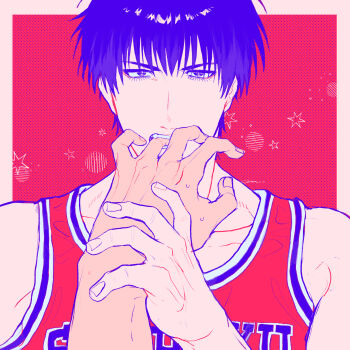 1boy a_nzi_end basketball_uniform biting biting_another's_hand border collarbone commentary_request eyelashes fingernails highres limited_palette looking_at_viewer male_focus rukawa_kaede short_hair slam_dunk_(series) solo_focus sportswear tank_top white_border