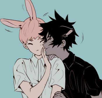 Rule 34 | 2boys, animal ears, arm up, asuka ryou, black hair, black shirt, blonde hair, chinese commentary, closed eyes, closed mouth, collared shirt, commentary request, dark-skinned male, dark skin, devilman, devilman crybaby, ears back, eyelashes, frown, fudou akira, green background, hand on another's arm, hand on another's shoulder, huziqunzi, interracial, kemonomimi mode, kiss, male focus, motion lines, multiple boys, rabbit ears, shirt, short hair, short sleeves, simple background, smile, spiked hair, swept bangs, upper body, white shirt, wing collar, yaoi