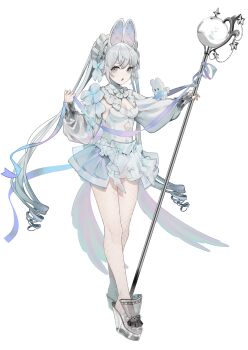 1girl absurdres animal_ears bow breasts clothing_cutout copyright_request cutout_above_navel daimaou_ruaeru fake_animal_ears fishnet_pantyhose fishnets full_body grey_eyes highres holding holding_staff long_hair long_sleeves looking_at_viewer pantyhose parted_lips platform_clogs platform_sandals ribbon sandals see-through_clothes see-through_footwear simple_background small_breasts solo staff tachi-e transparent_background very_long_hair white_hair white_pantyhose