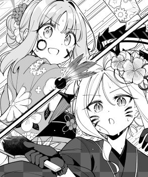 2girls blue_archive breasts commentary_request flower furisode gloves greyscale hair_flower hair_ornament halo hanetsuki happy_new_year highres hina_(blue_archive) japanese_clothes kimono long_hair mika_(blue_archive) moja_(moja4192) monochrome multiple_girls new_year small_breasts sweat upper_body