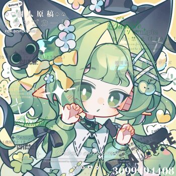 Rule 34 | 1girl, animal ears, artist name, black bow, black ribbon, blunt bangs, blush, blush stickers, bow, cat, cat ears, cat girl, cat tail, chibi, claw pose, dress, flower, green dress, green eyes, green hair, green neckerchief, green sailor collar, green shirt, hair bow, hair flower, hair ornament, hairclip, hands up, heart, highres, long hair, long sleeves, looking at viewer, maguaxiaoxingqiu, neckerchief, original, outline, paw pose, pointy ears, puffy long sleeves, puffy sleeves, ribbon, sailor collar, sample watermark, shirt, solo, sparkle, tail, tail bow, tail ornament, too many watermarks, upper body, watermark, white flower, x hair ornament, yellow background, yellow bow, yellow ribbon