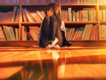 1girl a.x. absurdres arm_support black_hair black_pantyhose blue_sailor_collar blue_skirt blunt_bangs book bookshelf brown_hair closed_mouth commentary_request glasses highres indoors knees_up library long_hair long_sleeves original pantyhose pleated_skirt reflection sail sailor_collar shirt shoes sitting skirt solo sunset uwabaki white_shirt white_shoes wooden_floor