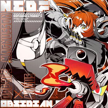 1girl 1other ammunition ammunition_pouch black_hat black_horns character_name commentary_request dragon_girl dragon_horns dress english_text fire from_side gloves green_eyes gun hat highres holding holding_knife holding_weapon horns kiguchi_hikaru knife long_hair looking_at_viewer magus_(zenless_zone_zero) mechanical_horns mechanical_tail open_mouth orange_hair orange_pupils orphie_magnusson panties pointy_ears pouch sentient_tail tail thighhighs twintails underwear weapon yellow_gloves yellow_panties zenless_zone_zero zipper_dress zipping
