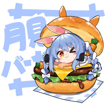 Rule 34 | &gt; o, 1girl, absurdres, animal ear fluff, animal ears, black gloves, blue hair, blush stickers, bow, braid, burger, carrot hair ornament, chibi, closed mouth, commentary request, detached sleeves, dress, food, food-themed hair ornament, fur-trimmed gloves, fur trim, gloves, grey pantyhose, hair between eyes, hair bow, hair ornament, highres, hololive, in food, kutata, mini person, minigirl, multicolored hair, one eye closed, pantyhose, puffy short sleeves, puffy sleeves, rabbit-shaped pupils, rabbit ears, red eyes, shoes, short eyebrows, short sleeves, solo, symbol-shaped pupils, text background, thick eyebrows, translation request, twin braids, twintails, two-tone hair, usada pekora, usada pekora (1st costume), v-shaped eyebrows, virtual youtuber, white background, white bow, white dress, white hair, white shoes, white sleeves