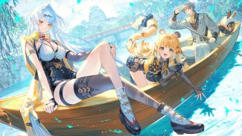 1boy 1other 2girls absurdres alternate_costume animal_ear_fluff animal_ears armlet asymmetrical_gloves bangboo_(zenless_zone_zero) black_gloves black_unitard blonde_hair boat bow breasts bridge building chinese_clothes closed_mouth colored_inner_hair commentary_request crossed_legs elbow_gloves eous_(zenless_zone_zero) fingerless_gloves gloves green_eyes grey_hair grey_jacket grey_shirt guest_art hair_between_eyes hair_ornament hairpin hand_on_own_knee high-waist_shorts highres jacket jewelry ju_fufu large_breasts light_smile long_hair looking_at_viewer looking_to_the_side medallion multicolored_hair multiple_girls open_mouth orange_fur pants river shadow shirt shoes short_hair shorts single_elbow_glove single_hair_intake single_thighhigh sitting striped_fur striped_hair tail tail_bow tail_ornament thigh_strap thighhighs tiger_ears tiger_girl tiger_stripes tiger_tail tree ugonba_(howatoro) uneven_gloves water watercraft white_hair white_pants white_shoes wise_(soaring_crane)_(zenless_zone_zero) wise_(zenless_zone_zero) yellow_eyes yellow_jacket yin_yang_pin yixuan_(zenless_zone_zero) zenless_zone_zero