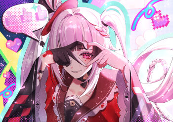 Rule 34 | 1girl, absurdres, black choker, black gloves, braid, butterfly-shaped pupils, chinese commentary, choker, commentary request, eyeshadow, facial hair, floating hair, gloves, hat, heart, heart hands, heart hands over eye, highres, honkai: star rail, honkai (series), long hair, looking at viewer, makeup, mini hat, mini top hat, multicolored hair, parted lips, portrait, red eyes, red eyeshadow, red streaks, side braid, single glove, solo, sparkle (honkai: star rail), sparxie (honkai: star rail), speech bubble, spoken thumbs up, streaked hair, symbol-shaped pupils, top hat, twintails, upper body, very long hair, watatai, white background, wide sleeves