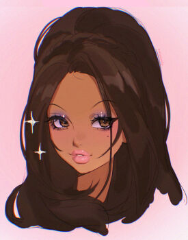 1girl aegyo_sal artist_name braid brown_eyes brown_hair chromatic_aberration commentary cropped_head dark-skinned_female dark_skin english_commentary eyelashes eyeshadow film_grain forehead high_ponytail highres looking_to_the_side makeup mole mole_under_eye noisykoala original parted_bangs parted_lips pink_background pink_lips ponytail ponytail_with_braided_base purple_eyeshadow sketch sparkle straight_hair teeth thick_lips