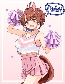 1girl ahoge alternate_costume animal_ears bare_shoulders blush bow breasts brown_eyes brown_hair checkered_ribbon cheerleader collarbone dantsu_flame_(umamusume) ear_covers ear_ornament ear_ribbon english_text hair_between_eyes hairband heart highres holding holding_pom_poms horse_ears horse_girl horse_tail large_breasts looking_at_viewer midriff_peek multicolored_hair open_mouth pink_hairband pink_skirt pleated_skirt pom_pom_(cheerleading) pom_poms renny_(seraphyfether) shirt skirt smile solo speech_bubble tail tank_top umamusume white_hair white_tank_top