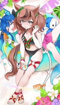 2girls animal_ears aqua_hair beach bikini bikini_skirt black_bikini black_nails black_ribbon blue_hair blush bow bow_bikini brown_eyes brown_hair can closed_eyes commentary crossed_bangs drink_can ear_ribbon flower food fruit gradient_hair hair_ribbon hair_tie halterneck hibiscus highres holding holding_can holding_shovel horse_ears horse_girl horse_tail innertube kik1 leg_ribbon long_hair lying medium_hair multi-strapped_bikini_bottom multicolored_hair multiple_girls nice_nature_(umamusume) on_back open_mouth outdoors pink_bikini ribbon saliva sandals sharp_teeth shovel sitting sleeping soda_can stuffed_animal stuffed_rabbit stuffed_toy sweatdrop swim_ring swimsuit tail teeth twin_turbo_(umamusume) twintails two-tone_hair umamusume very_long_hair watermelon white_sandals wristband