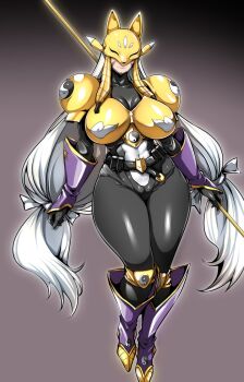 1girl armor belt breasts digimon digimon_(creature) facial_mark female_focus fox_mask full_body gggg gloves highres large_breasts long_hair mask sakuyamon shoulder_armor simple_background smile staff thighs white_hair wide_hips yin_yang yin_yang_print