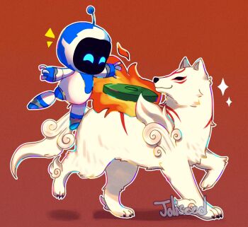 Rule 34 | ^ ^, amaterasu (ookami), animal, artist name, astro bot, astro bot (series), black eyes, closed eyes, closed mouth, commentary, english commentary, facial mark, fire, full body, highres, humanoid robot, joliseed, looking at another, no humans, notice lines, ookami (game), outline, radio antenna, red background, robot, simple background, sparkle, turning head, watermark, white fur, white outline, wolf