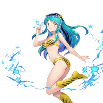 1girl animal_print aqua_hair ass bikini boots breasts closed_mouth cone_horns electricity foot_out_of_frame horns index_finger_raised long_hair looking_at_viewer lum medium_breasts navel official_art orange_eyes print_bikini ragnador simple_background smile solo strapless strapless_bikini swimsuit third-party_source tiger_print transparent_background urusei_yatsura yellow_bikini yellow_boots