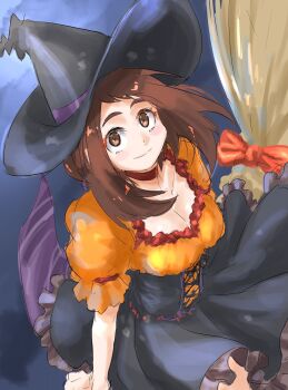 1girl black_corset black_hat black_skirt boku_no_hero_academia breasts broom broom_riding brown_eyes brown_hair choker cleavage closed_mouth corset halloween hat highres looking_at_viewer medium_breasts medium_hair mitsugu night orange_romper outdoors red_choker romper skirt solo uraraka_ochako witch_hat