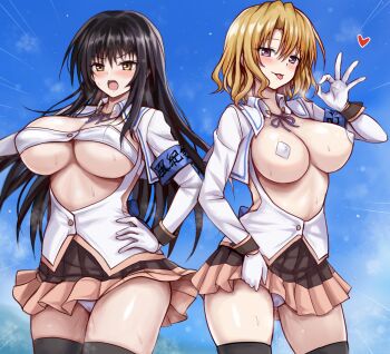 2girls armband black_thighhighs blonde_hair blue_armband blush breasts brown_eyes brown_hair brown_skirt cleavage cosplay covered_erect_nipples fellatio_gesture gloves hand_on_own_hip japanese_text kotegawa_yui large_breasts long_hair long_sleeves miniskirt momioka_risa multiple_girls nukigee_mitai_na_shima_ni_sunderu_watashi_wa_dou_surya_ii_desu_ka? onabuta_ikuko onabuta_ikuko_(cosplay) open_clothes open_mouth open_shirt panties pasties pink_skirt pussy_juice r-binon school_uniform shirt skirt speech_bubble strapless tadasugawa_rei tadasugawa_rei_(cosplay) thighhighs thighs to_love-ru tongue tongue_out tube_top underwear wet wet_clothes wet_panties white_gloves white_panties white_shirt white_tube_top