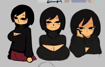 1girl black_hair black_sweater blank_eyes blank_stare breasts cleavage gazoogaloo hand_on_own_face light_smile looking_at_viewer mii_(nintendo) mole mole_on_breast mole_under_eye nintendo red_shirt shirt short_hair sweater