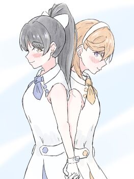 2girls back-to-back black_hair blue_background blue_necktie bow collared_dress dress gloves hair_bow hairband hazuki_ren high_ponytail highres holding_hands kanikama_(kanikani4567) long_hair love_live! love_live!_superstar!! multiple_girls necktie official_alternate_costume orange_hair orange_necktie pleated_dress ponytail purple_eyes shibuya_kanon simple_background sleeveless sleeveless_dress white_bow white_dress white_gloves white_hairband wish_song_(love_live!) yellow_eyes