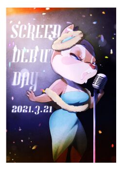 Rule 34 | 1girl, 2021, absurdres, blue dress, blue eyes, chipmunk ears, chipmunk girl, clarice (disney), disney, dress, eyelashes, flower, hair flower, hair ornament, highres, looking at viewer, mickey mouse &amp; friends, microphone, music, open mouth, rl10 02, singing, solo, strapless