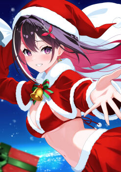 1girl absurdres azki_(hololive) bell bikini bikini_top_only black_hair box braid breasts capelet cleavage colored_inner_hair commentary_request double-parted_bangs earrings fur-trimmed_bikini fur-trimmed_capelet fur-trimmed_headwear fur-trimmed_skirt fur-trimmed_sleeves fur_trim gift gift_box grin hair_between_eyes hair_intakes hair_ornament hairclip half_up_braid hat highres holding holding_sack hololive jewelry large_breasts long_hair long_sleeves looking_at_viewer midair multicolored_hair navel neck_bell outdoors pink_hair pink_streaks pom_pom_(clothes) purple_eyes reaching reaching_towards_viewer red_bikini red_capelet red_hat red_skirt red_sleeves sack santa_bikini santa_costume santa_hat skirt smile solo stomach streaked_hair swimsuit telu_(teluscarlet) triangle_earrings very_long_hair virtual_youtuber white_streaks