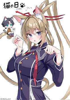 1girl blonde_hair blue_eyes blush braid breasts hair_ribbon hair_rings high_ponytail highres kobayashi_macchan large_breasts masamune_(monster_strike) monster_strike paw_pose ponytail ribbon school_uniform simple_background upper_body white_background