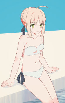 1girl ahoge artoria_pendragon_(fate) bikini blonde_hair braid breasts bun_with_braided_base cleavage commentary expressionless fate/hollow_ataraxia fate_(series) green_eyes hair_bun hair_ribbon highres navel poolside ribbon saber_(fate) single_hair_bun sitting small_breasts soaking_feet solo strapless strapless_bikini suzuakks swimsuit white_bikini