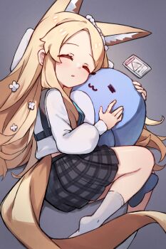 1girl animal_ears black_skirt blonde_hair blue_archive closed_eyes cosplay extra_ears fox_ears fox_girl fox_tail grey_background highres hoshino_(blue_archive) hoshino_(blue_archive)_(cosplay) hugging_object long_hair long_sleeves lying miniskirt miya_(miyaruta) no_shoes on_side open_mouth plaid_clothes plaid_skirt pleated_skirt puffy_long_sleeves puffy_sleeves seia_(blue_archive) shirt simple_background skirt sleeping socks solo stuffed_animal stuffed_toy stuffed_whale tail white_shirt white_socks