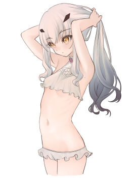 1girl absurdres armpits arms_behind_head arms_up bare_shoulders bikini blush breasts fate/grand_order fate_(series) forked_eyebrows hashtag-only_commentary highres long_hair melusine_(fate) mikon_(nicknqme) navel sidelocks small_breasts solo swimsuit thighs white_bikini white_hair yellow_eyes