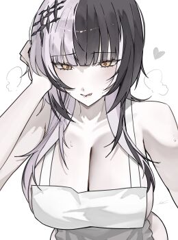 1girl :q absurdres alternate_costume apron aroused bare_shoulders black_hair blush breasts cleavage ewn grey_hair heart heart-shaped_pupils highres hololive hololive_english large_breasts licking_lips long_hair looking_at_viewer multicolored_hair naked_apron naughty_face shiori_novella simple_background smile solo split-color_hair symbol-shaped_pupils tongue tongue_out two-tone_hair virtual_youtuber white_apron white_background yellow_eyes