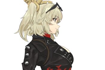 1girl absurdres black_jacket black_skirt black_tube_top blonde_hair breasts burnice_white closed_mouth crop_top eyewear_on_head from_side hair_between_eyes hair_ornament highres jacket red_eyes short_twintails skirt solo soutou_nagi spiked_jacket strapless sunglasses tube_top twintails white_background zenless_zone_zero
