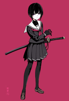 1girl :| black_gloves black_hair black_pantyhose brown_shoes closed_mouth commentary_request dokuromaru expressionless fighting_stance full_body gloves highres idolmaster idolmaster_cinderella_girls katana loafers looking_at_viewer neckerchief pantyhose pleated_skirt purple_eyes ready_to_draw revision sailor_collar school_uniform serafuku shirayuki_chiyo shoes short_hair simple_background skirt solo spot_color sword weapon