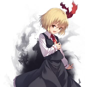 1girl artist_request ascot black_skirt black_vest blonde_hair collared_shirt darkness frilled_shirt_collar frills game_cg hair_ribbon labyrinth_of_touhou_(series) labyrinth_of_touhou_2 long_sleeves official_art open_mouth red_ascot red_eyes red_ribbon ribbon rumia shirt skirt skirt_set smile solo third-party_source torn_ribbon touhou transparent_background umbrakinesis vest white_shirt