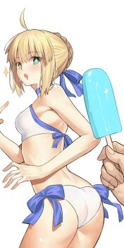 1girl absurdres ahoge artoria_pendragon_(fate) bikini blonde_hair blue_ribbon braid braided_base braided_bun breasts bun_with_braided_base commentary english_commentary fate/grand_order fate/hollow_ataraxia fate/stay_night fate_(series) food green_eyes hair_bun hair_ribbon highres holding holding_food holding_popsicle longdq3008 open_mouth popsicle ribbon saber_(fate) saber_(swimsuit_archer)_(first_ascension)_(fate) short_hair side-tie_bikini_bottom simple_background swimsuit white_background white_bikini