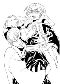 1boy 1girl arm_around_waist black_hakama bleach blush breast_press breasts carrying carrying_person cleavage closed_eyes commentary_request grabbing_another's_breast greyscale groping hachiya_nanao hakama hetero hug ichimaru_gin japanese_clothes jewelry large_breasts lips long_hair matsumoto_rangiku mole mole_under_mouth monochrome necklace open_mouth scarf shihakusho smile