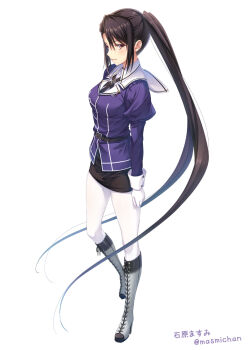 Rule 34 | 1girl, black hair, black skirt, boots, breasts, brown eyes, collared shirt, commentary request, dress shirt, full body, grey boots, ishihara masumi, jacket, kantai collection, long hair, medium breasts, nachi (kancolle), nachi kai ni (kancolle), pantyhose, pencil skirt, profile, purple jacket, sailor collar, shirt, simple background, skirt, solo, very long hair, white background, white pantyhose, white sailor collar, white shirt