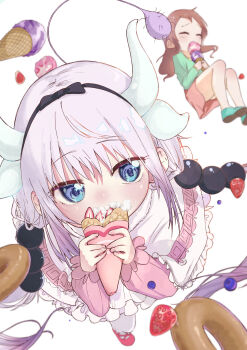 2girls absurdres beads black_hairband blue_eyes brown_hair child commentary_request crepe donut dragon_girl dragon_horns dress food food_on_face fruit full_body hair_beads hair_ornament hairband ham3c highres holding holding_food horns ice_cream kanna_kamui kobayashi-san_chi_no_maidragon long_hair long_sleeves multiple_girls pantyhose pink_dress purple_hair red_shoes saikawa_riko shoes simple_background strawberry twintails white_background white_pantyhose