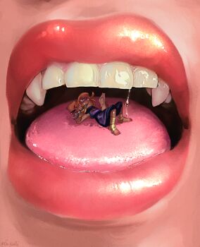 2022 2girls artist_name baggy_pants bandaged_arm bandaged_leg bandages barefoot blonde_hair breasts close-up commentary dark-skinned_female dark_skin elf english_commentary female_focus full_body giant giantess highres holding holding_paper looking_up lying medium_breasts mini_person minigirl multiple_girls on_back onkinky open_mouth original overalls paintbrush paintbrush_in_mouth pants paper pink_lips pointy_ears ponytail purple_overalls saliva size_difference teeth thick_lips tongue upper_teeth_only vore