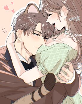 1boy 1girl absurdres animal_ears arm_around_back between_breasts black_bow black_bowtie blush bow bowtie breasts brown_eyes brown_hair brown_jacket caleb_(love_and_deepspace) cat_ears choker cleavage closed_eyes collared_shirt couple dress earrings face_between_breasts green_dress hair_between_eyes hand_in_another&#039;s_hair head_between_breasts hetero highres jacket jewelry kemonomimi_mode long_hair love_and_deepspace medium_breasts open_mouth pearl_earrings protagonist_(love_and_deepspace) puffy_short_sleeves puffy_sleeves shinku_yu0226 shirt short_hair short_sleeves smile suit_jacket tail tiger_boy tiger_ears tiger_tail twitter_username upper_body white_shirt