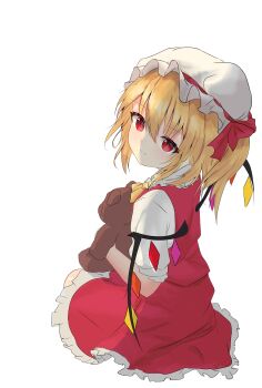1girl absurdres blonde_hair chinese_commentary closed_mouth commentary_request crystal crystal_wings ehextra flandre_scarlet frilled_skirt frills hat highres hugging_doll hugging_object looking_at_viewer mob_cap multicolored_wings one_side_up puffy_short_sleeves puffy_sleeves red_eyes red_skirt red_vest shirt short_sleeves sitting skirt skirt_set smile solo stuffed_animal stuffed_toy teddy_bear touhou vest white_hat white_shirt wings