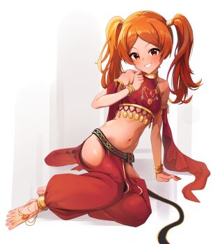 1girl absurdres barefoot blush bracelet cabbage_(chlehd2239) clothing_cutout commentary_request feet flat_chest full_body grin harem_outfit highres hip_vent idolmaster idolmaster_million_live! idolmaster_million_live!_theater_days jewelry korean_commentary looking_at_viewer multiple_bracelets navel ogami_tamaki orange_eyes orange_hair smile solo toes twintails